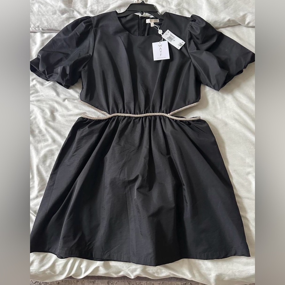 WAYF Black Mini Dress with Puff Sleeves and Cut Out
